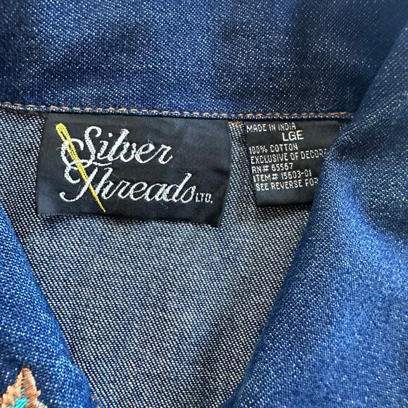90s Y2K Denim Jacket Silver Threads Embroidered Leaf Jean Coat Women’s L Fall - Picture 6 of 15